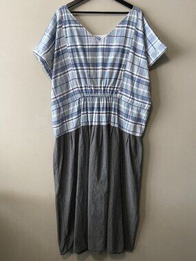Handmade Plus Size Cotton Flannel Grey Blue White Dress